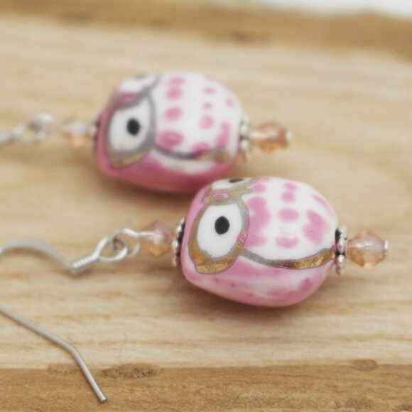 Pink Hand Painted Porcelain Owl Beaded Earrings - Handmade & Hypoallergenic - Picture 4 of 7